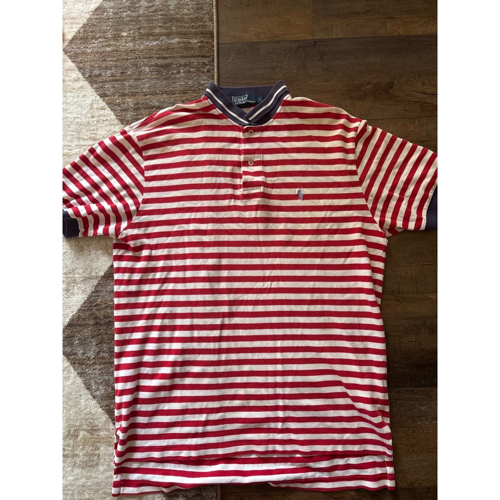 Polo Ralph Lauren Mens Large Red White Striped Banded Collar Polo Pony Logo